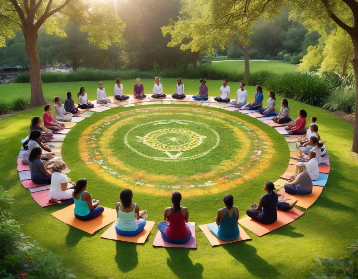 A vibrant community gathering focused on health education, featuring diverse individuals engaging in discussions, sharing resources, and practicing yoga in a lush park setting. Include holistic health symbols like herbs, a wellness wheel, and books on natural medicine. The atmosphere should be warm, inviting, and empowering, representing unity in health. super-realistic. vibrant colors. bright background.