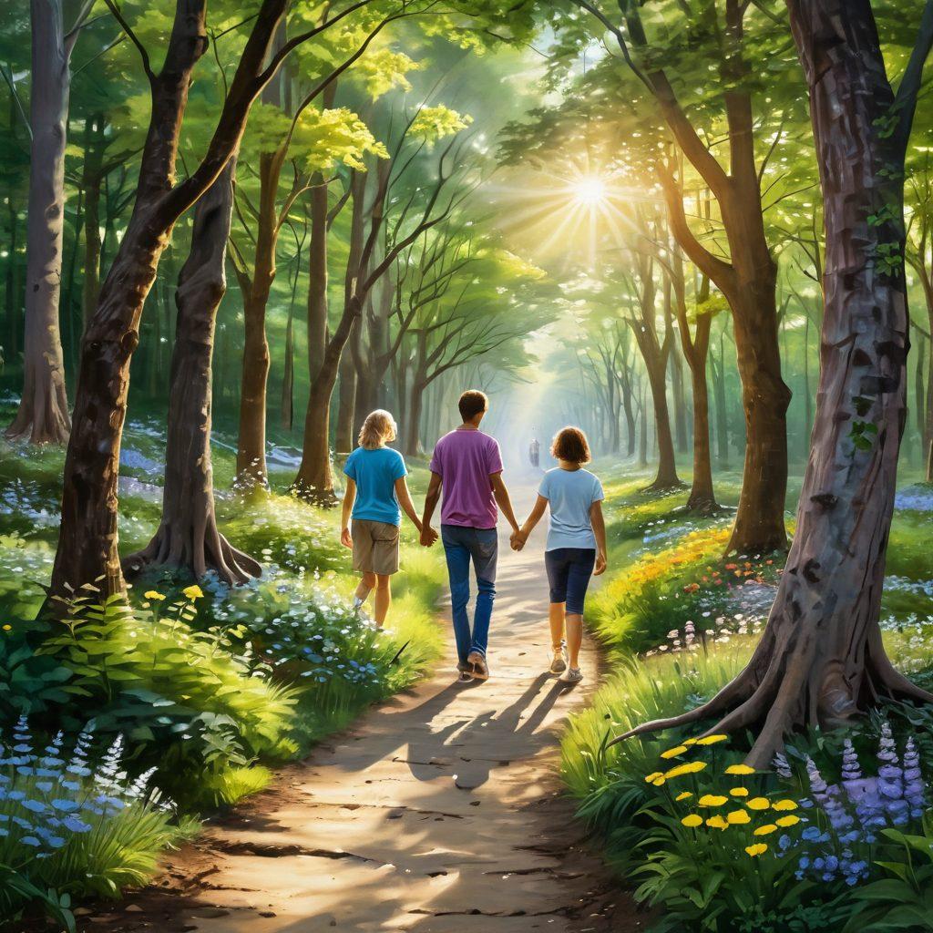 A serene landscape depicting a winding path through a lush forest, symbolizing the cancer journey. Along the path, gentle signs of hope are represented by supportive figures holding hands and sharing smiles, with scattered resources like books and flowers along the way. A radiant sun breaks through the trees, illuminating the scene. Include a diverse group of people of various ages and backgrounds, displaying resilience and encouragement. soft focus. vibrant colors. painting.