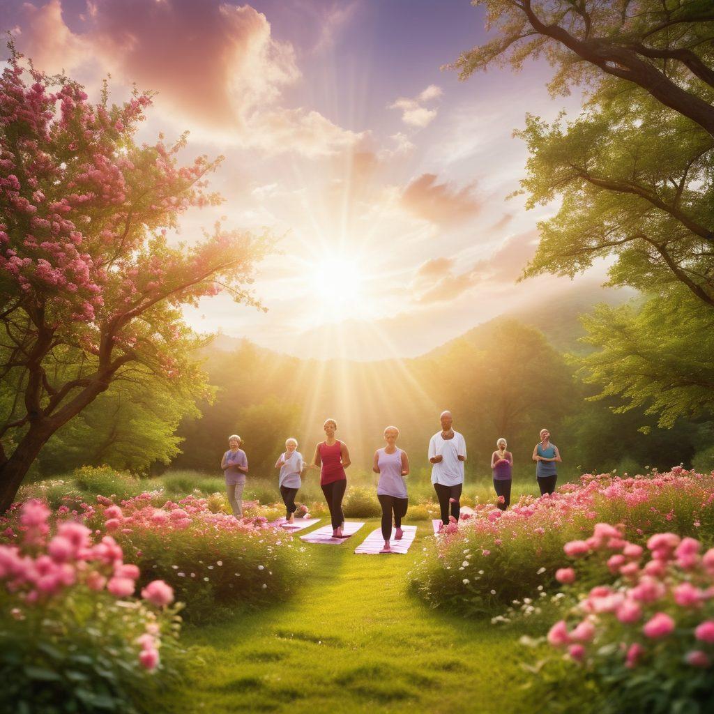 A serene landscape featuring a group of diverse individuals enjoying outdoor activities like yoga and walking, surrounded by lush greenery and blossoming flowers symbolizing vitality. Include elements that represent hope and healing, such as a bright sun piercing through soft clouds and a ribbon symbolizing cancer awareness. The scene should evoke a sense of empowerment and wellness. vibrant colors. soft focus.